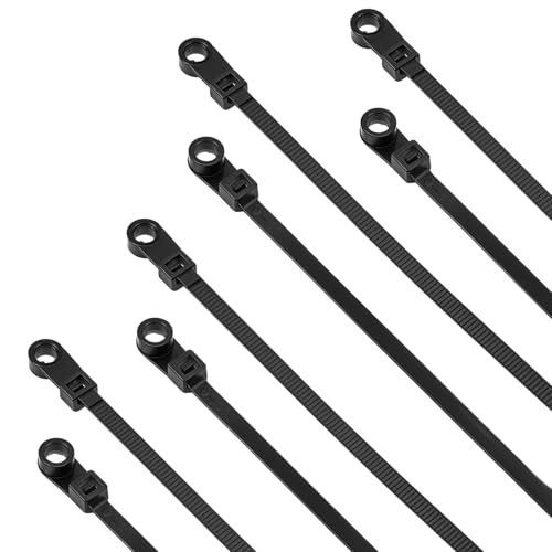JIYIN 100 PCS Black Zip Ties with Screw Hole 7.8 Inch Multipurpose Heavy Duty Nylon Zip Tie Mountable head Cable Ties Straps Cable Cord Management for Indoor Outdoor Office Home