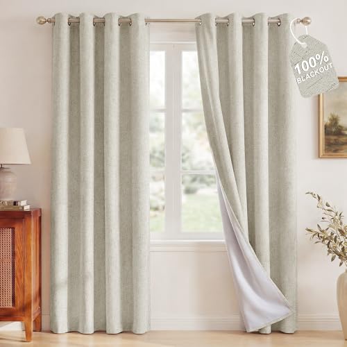NICETOWN Linen Blend 100% Blackout Ivory Curtains 84 inches Long White Liner Composite Thermal Drapes Casual & Relax Sound Reducing Window Treatments for Bedroom W52 x L84 2 Panels