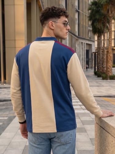 Image of Veirdo Men's Loopknit Cotton Oversized Baggy Fit | Full Sleeve Polo T-Shirt | Casual Streetwear with Ribbed Cuffs Travel | Sizes: S to XXL