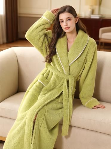 Image of Women Long Plush Fleece Bath Robe | Soft loungewear housecoat, comfy sleepwear for home, suitable as ladies pajamas and nightgown