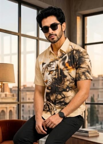 Image of Men's Watercolor Lion Print Button-Down Shirt, Short Sleeve, Casual Summer Wear, White