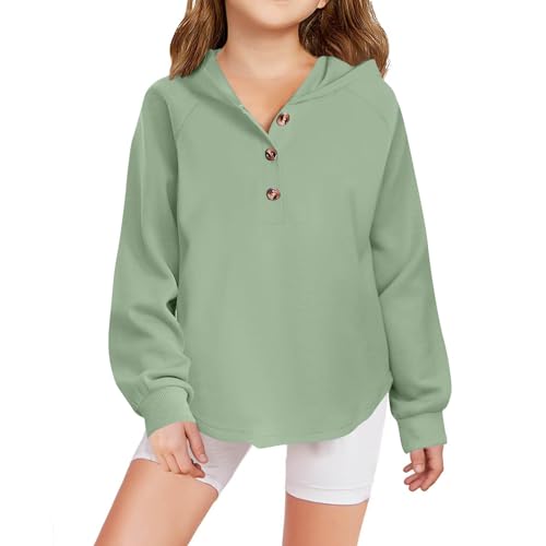 Girls Hoodies Long Sleeve Sweatshirt Button Collar Pullover Hoodie Curved Hem Hooded Sweatshirts Tween Girl Clothes