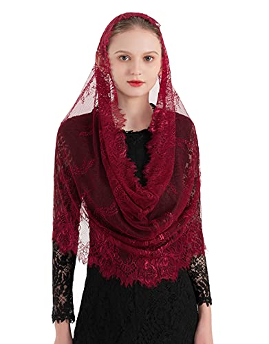 PAMOR Spanish Style Lace Traditional Vintage Inspired Infinity Shape Mantilla Veil Latin Mass Head Covering (Burgundy)