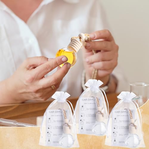 Image of Boao 25 Sets Hanging Car Air Freshener Diffuser Bottles Empty Bulk with Car Diffuser Instruction Cards Organza Bags Glass Refillable Essential Oil Fragrance Aromatherapy Pendant (Round,Clear)