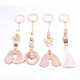 EXQULEG 4 Stück Anhänger Spielbogen für Babys, Baby Holz Spielbogen, Baby Aktivität Fitnessstudio Hängende Spielzeug, Baby Beißring Set für Neugeborenen Baby Shower Geschenk