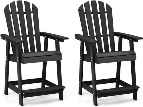 SFAREST 1/2PCS Tall Adirondack Chair, Counter Height Patio Bar Stool Set with Slatted Back, Curved Seat, Armrest & Footrest, Outdoor Lounge Chair for Poolside Backyard Garden (2, Black)