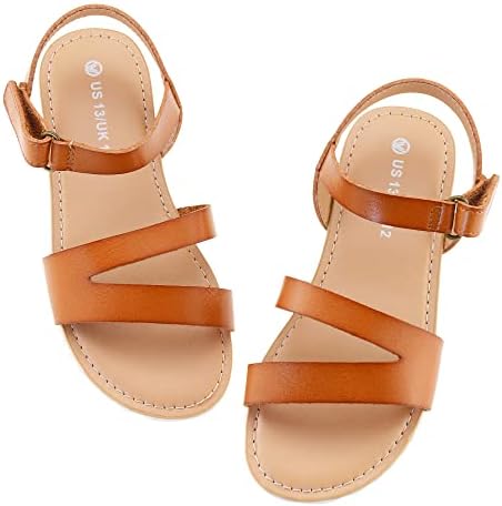 FLYFUPPY Girls Sandals Strappy Open Toe Outdoor Flats with Hook and Loop Kid Summer Shoes for Girls Little Kid 13 Brown