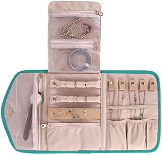 KUAK Travel Jewelry Organizer Roll Foldable Jewelry Case Bag with Zippered Pocket for Journey Rings, Necklaces, Earrings, Bracelets, Soft Pink, Mini