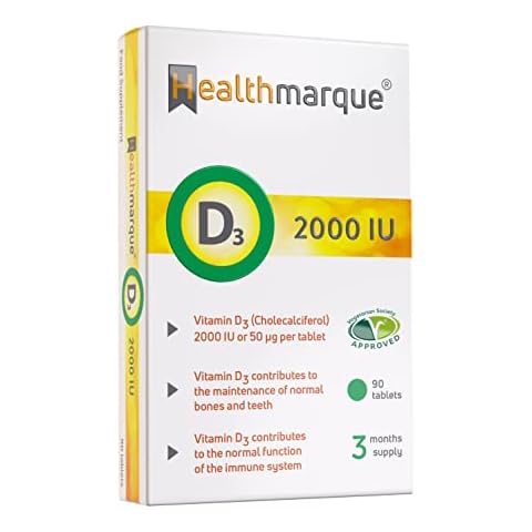 Vitamin D3 Tablets 2000iu 3 Month Supply - Premium Grade Vitamin D Supplements by Healthmarque UK; 50mcg, 90 Tablets, Bone, Muscle & Immune Support Cover
