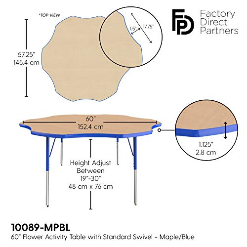 Image of FDP Flower Activity School and Office Table (60 inch), Standard Legs with Swivel Glides for Collaborative Seating Environments, Adjustable Height 19-30 inches - Maple Top and Blue Edge