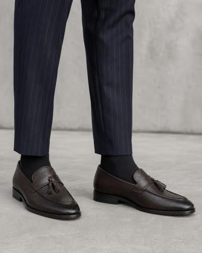 Image of NARKI Men's Black Textured Leather Tassel Loafers - Stylish Slip-On Formal Shoes for Office