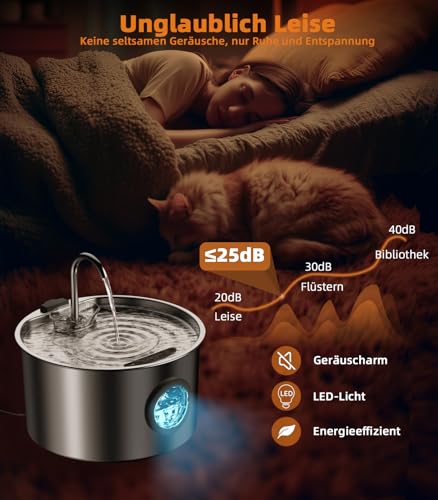 UPAWPIA 3.2L Katzenbrunnen Edelstahl mit 3 Filtern Trinkbrunnen für Katze Katzenbrunnen für Katzen mit Wasserstandsfenster Ultra leise Wasserbrunnen für Katzen Cat Water Fountain mit LED Licht