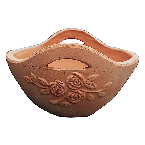 Goodman and Wife Newly Designed Hand-Pressed Terracotta Basket Shaped Flower Planters with Raised Roses, (Natural Terracotta) Cover