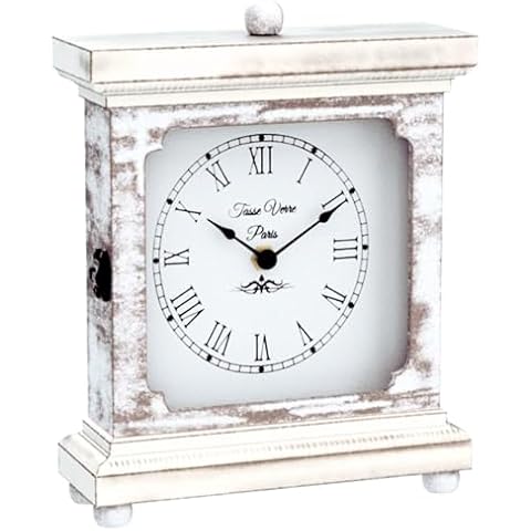 Tasse Verre Rustic Shelf Clock (Quiet) for Living Room Mantel, Table, Or Desk 9" X 7" Farmhouse Decor Distressed White Washed Wood Silent - Office Fireplace. AA Battery Operated Non-Digital, Tan Cover