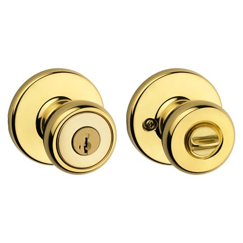Kwikset Tylo Entry Door Knob with Lock and Key, Secure Keyed Handle Exterior, Front Entrance and Bedroom, Polished Brass, Pick Resistant SmartKey Rekey Security