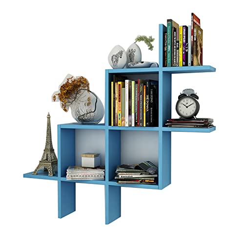 Wooden Cave Multipurpose Engineered Wood Rubic Shape Wall Shelves (Blue)