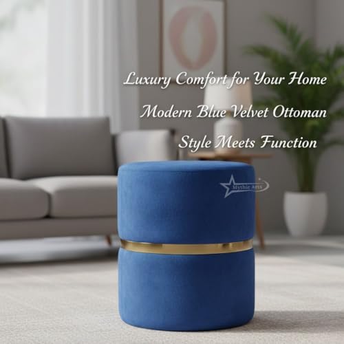 Image of Round Single Strip Upholstered Stool Living Room Foot Rest Linen Fabric Padded Seat Pouf Ottoman Office Stool Blue
