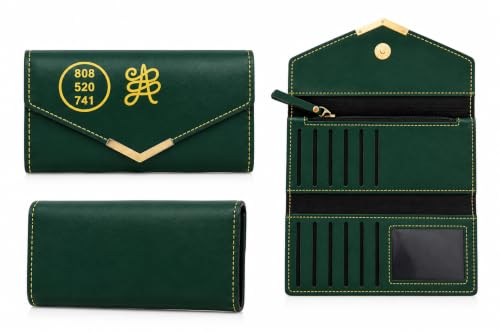 Image of Dark Green Artificial Leather Wallet for Women with Golden Engraved Zibu Symbol & Angelic Numbers | RFID Ladies Purse | Zip Around Card Holder | Stylish Clutch Wallet for Daily Use & Gift