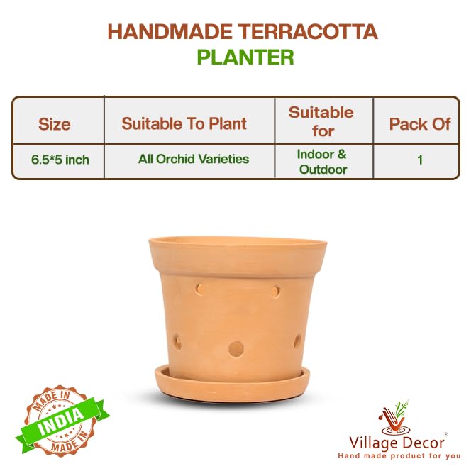 Village Decor Handmade Terracotta Orchid Pot with Bottom Tray|Pack of 1|Height - 5 Inch