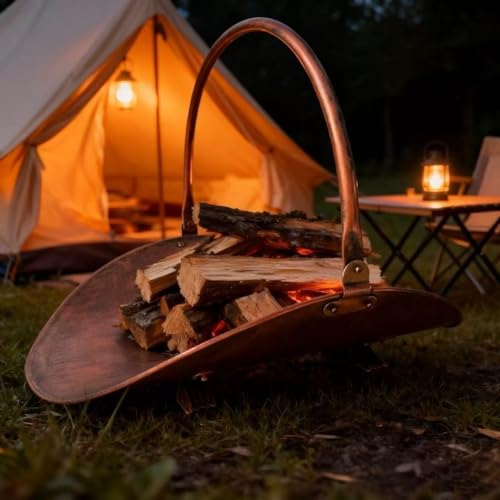 JXDJB Ironwork Firewood Carrier Basket - Portable Fireplace Wood Storage Rack for Small Spaces, Ideal for Winter Indoor Outdoor Log Holding(Brass)