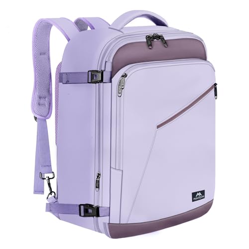 MATEIN Mochila Ryanair 40x30x20 Expandible Mujer, Mochila Viaje Cabina Avion 30l Impermeable Multifuncional Equipaje de Mano con Tirantes Ocultos Travel Backpack para Vueling, Viajar, Morado Gris