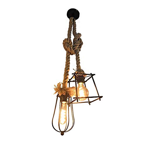 Plafonnier corde de chanvre E27 à double tête lumineuse style rétro industriel en fer noir