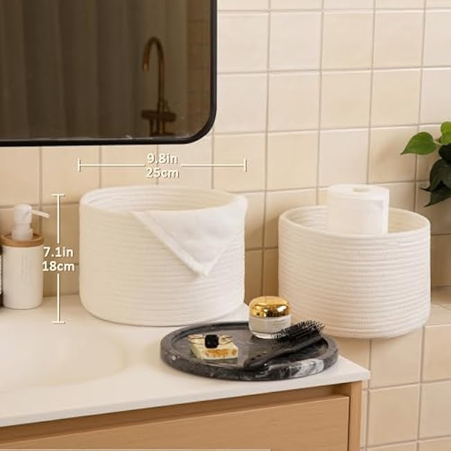 OIAHOMY Small Storage Baskets for Organizing,Closet Cube Shelf Storage, 9.8¡±¡Á9.8¡±¡Á7.1¡±, Woven Cotton Rope Gift Baskets for Nursery,Cute Dog Toy bins, Round 3 Packs, White