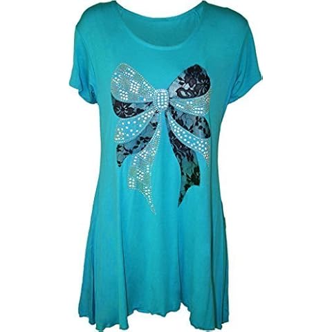 H&F GIRL Women Ladies Bow Lace Plain Stretchy Asymmetric Cap Sleeve Scoop Neck Hanky Hem Flared Sequin Studded Swing Tunic T Shirt Top Plus Size 12 14 16 18 20 22 24 26 28 30 XL XXL XXXL XXXXL Cover