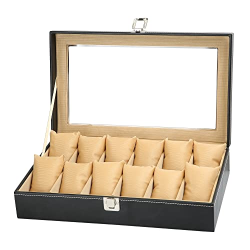 Image of ZENWOOD Black and Beige Unisex 12 Slots Watch Box Organizer PU Leather Watches Display Case Storage Box