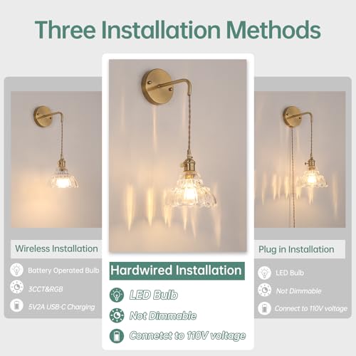 Image of Shenmoyl Vintage Wall Sconce with Clear Lily of the Valley Shade Pattern Glass Adjustable Chain Retro Gold Wall Mounted Light, Modern Wall Lamp Fixtures Decor for Bedside Bedroom Indoor Doorway