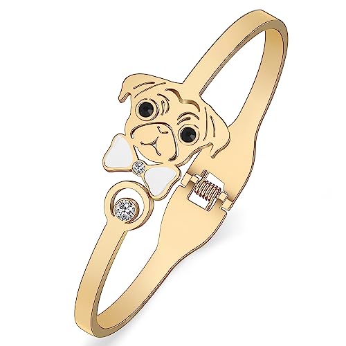 Image of WEVENI Cute Pug Gifts For Pug Lovers Stainless Steel Shell Pug Bracelet Cuff Bangle 18k Gold Plated Pet Dog Bangles Jewelry Charms Pugs Mom Gifts
