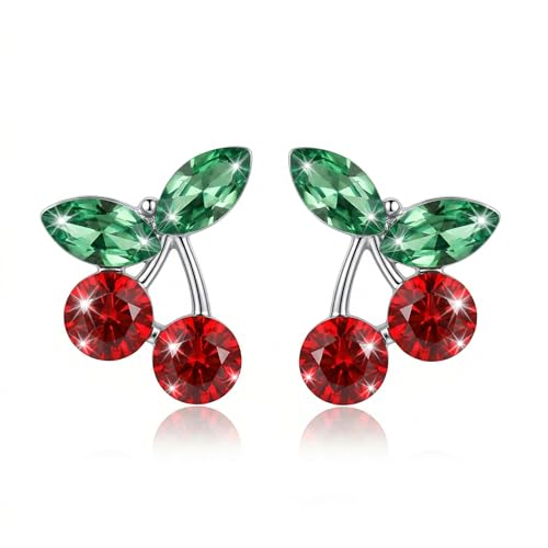 Kruckel Cute Cherry Earrings for Women, Trendy Rhinestone Red Cherry Green Leaves Stud Earring, Wedding Birthday Anniversary Valentine Gift Homecoming Jewelry with 925 Sterling Silver Post