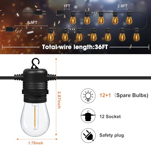 GvvooHome LED Outdoor String Lights 36FT Patio Lights with 13 Shatterproof S14 Replaceable Bulbs(1 Spare), Outside Hanging Lights Waterproof for Porch, Deck, Garden, Backyard, Balcony, 2700K Dimmable by GvvooHome - Image 6