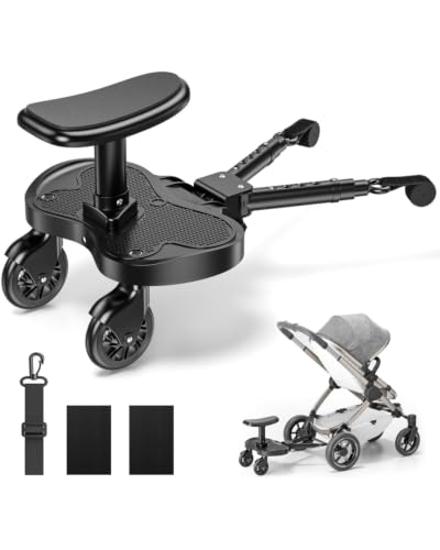 Image of BugyKido Buggy Board with Seat, Universal Buggy Board 2-in-1 Standing & Seating, Adjustable Kiddy Board, Load 25 Kg for Toddlers 2-6 Years, Fits 99% of Prams