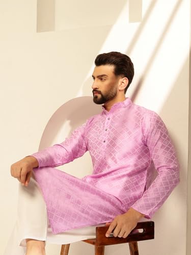 Image of SOJANYA (Since 1958 Men's Jacquard Silk Woven Motifs Kurta With White Pyjama