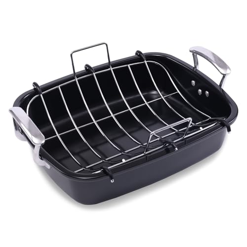 Uukrave Nonstick Turkey Roasting Pan with Rack - Large 18.5 x 14.6 Inch Heavy Duty Roaster for 25 lb...