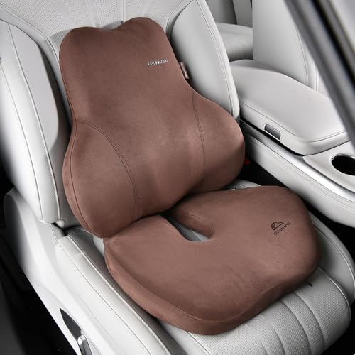Image of Coverado Memory Foam Car Seat Cushion and Lumbar Support Pillow for Car, Ergonomic Office Chair Cushion for Lower Back Pain Relief, Breathable & Non-Slip for Car, Home, and Office Use, Coffee