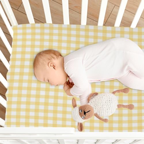 Image of Yellow Gingham Crib Sheets for Boys and Girls, Fitted Baby Crib Sheets Soft and Breathable Mini Crib Sheets 39 X 27 Inches