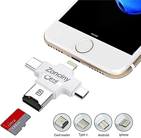 Micro SD Card Reader, Zonciny 4 in 1 USB Memory Card Reader Adapter with Lightning/Type-C/USB/USB Micro SD Connector for iPhone/iPad/Android/Type-C Phones/Mac/PC-White