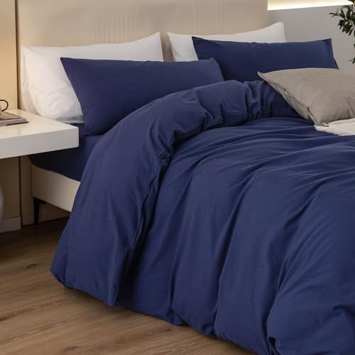 JIYUAN 100% Washed Cotton Duvet Cover Set 3 Pieces King, 1 Duvet Cover 104x90 Inches(Comforter Not Included) and 2 Pillowcases,Linen Feel Bedding Set Comfy and Breathable,Navy Blue