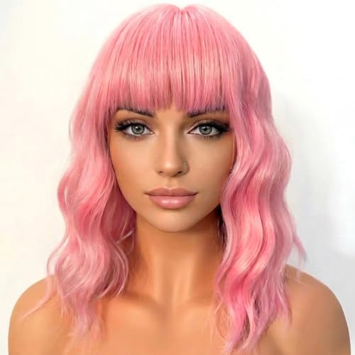 Synthetic Pink Bob Wig with Bangs for Women Loose Wavy Wig Shoulder Length Cosplay Daily Party Wig for Women (Pink Short)