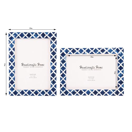 Image of Handicrafts Home Blue & White Vintage Photo Frames for Wall or Tabletop Display, 5x7 Picture Frame Set of 2,Boho Farmhouse Gallery Wall Frame Set, Artisan Handmade Home Decor, Handmade Moroccan Frame