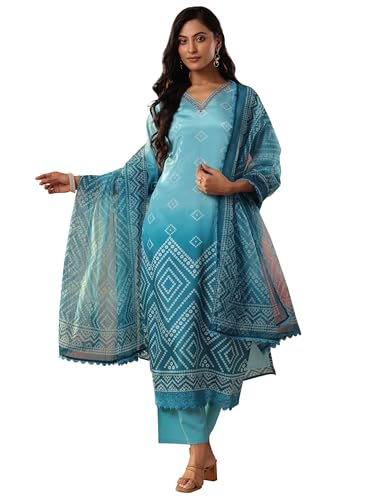 Image of Libas Blue Printed Chinon Straight fit Kurta set for Women | daily wear suit