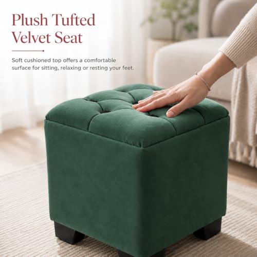 Image of Velvet Cube Ottoman | Seating Stool for Living Room | Soft Cushioned Footrest Stool with Durable Plastic Legs | Multipurpose Seating, Side Table & Pouffe Home Decor, 12x12x14 inch (Green)