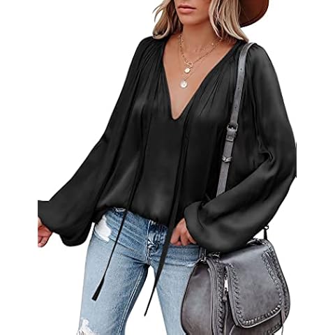 Chigant Women's Satin Silk Blouse Long Sleeve Sexy V Neck Shirt Casual Workwear Business Tops Black Small Cover