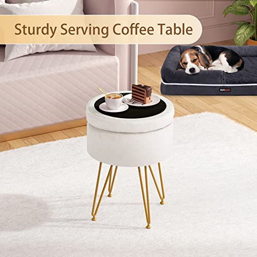 Runlexi Storage Ottoman, Round Footrest Stool Ottoman With Removable Cover & Adjustable Legs, Dutch Velvet Vanity Stool, Soft Padded Seat, Modern Decorative Accent Stool For Makeup, Bedroom, White #TOP1