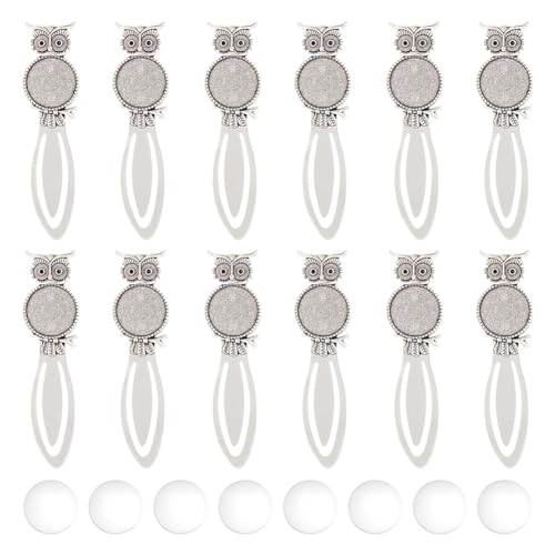 HOBBIESAY 12Pcs Halloween Owl Animal Bookmarks Kits Alloy Cabochon Bookmark Tray Antique Silver Bookmarks Bezel Settings with Round Tray and Fit for DIY Bookmark Making Book Lovers,Tray: 20mm