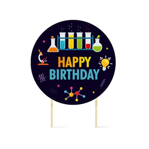 Image of Just Party Science Theme Happy Birthday Cake Topper & Birthday Props for Kids | STEM Cake Toppers for Cake Decoration & Photo Props / Muffin Toppers | Set of 6 Props + 1 Topper