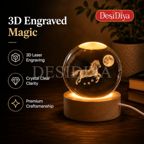Image of Desidiya 3D Crystal Moon with Horse Night Light | Engraved Crystal Ball LED Night Light with Wooden Base, USB Powered | Romantic Home Decor & Valentine's Day Gift for Her, Him & Couples (Warm White)