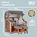 MR. DEKO® Strandkorb Baltikum 2,5-Sitzer Teak | PE Geflecht Grey | Volllieger Strandkörbe aus Teakholz mit 2 Bullaugen & Fußablagen | Polster mit 4 Kissen | Strandstuhl (Dessin 544)